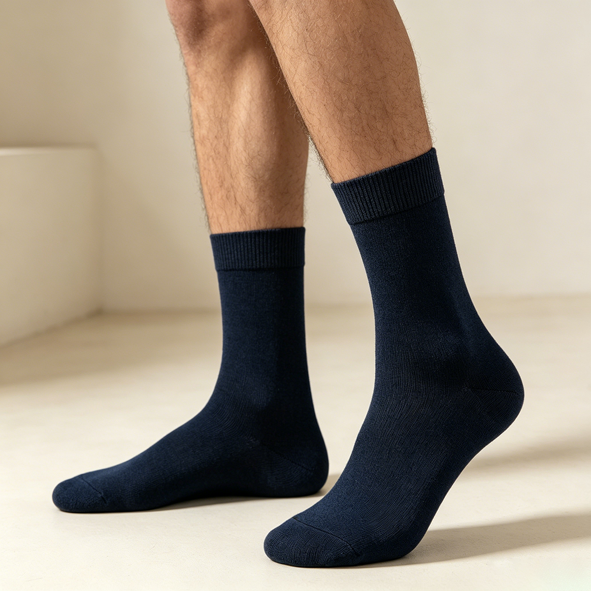 Model wearing premium combed cotton business dress socks that stay in place